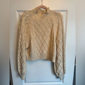 Free People Mock Neck Cable Knit Cream Cropped Sweater